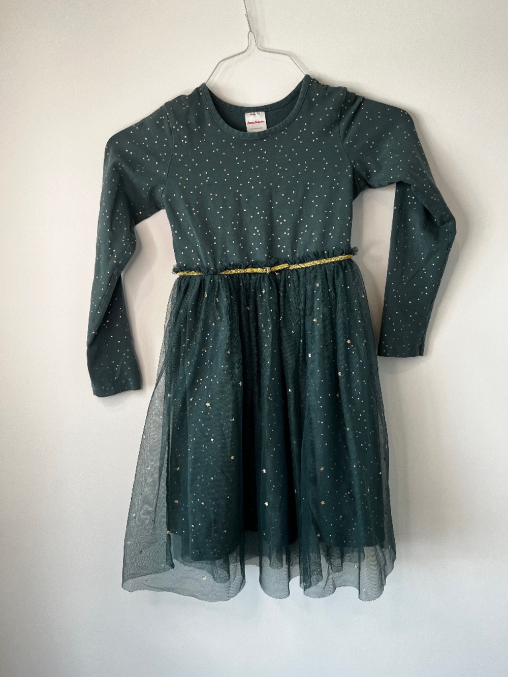 Hanna Andersson 130cm (US Kids 8) Green Dress with Gold Accents and Tulle Skirt